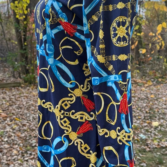 J McLaughlin Tunic Dress Blue Chain Link V Neck Preppy Equestrian Size Medium - Picture 3 of 11
